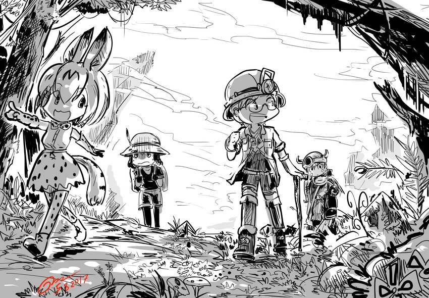 serval, kaban, reg, and riko (kemono friends and 1 more) drawn by gapangman