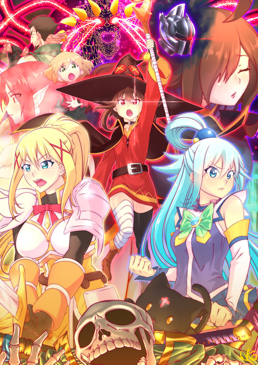 megumin, aqua, darkness, satou kazuma, wiz, and 4 more (kono subarashii sekai ni shukufuku wo!) drawn by nk_(uqu7644)