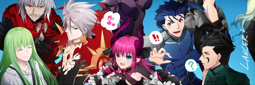 scathach, cu chulainn, elizabeth bathory, diarmuid ua duibhne, enkidu, and 3 more (fate and 5 more) drawn by ycco_(estrella)
