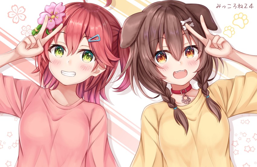sakura miko and inugami korone (hololive) drawn by namekuji_ojiichan