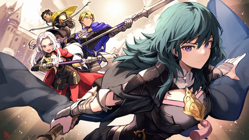 female byleth, edelgard von hresvelg, dimitri alexandre blaiddyd, and claude von riegan (fire emblem and 1 more) drawn by nakabayashi_zun