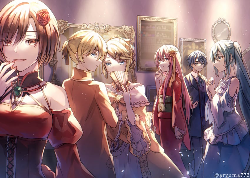 hatsune miku, kagamine rin, kagamine len, megurine luka, kaito, and 7 more (vocaloid and 2 more) drawn by aryuma772
