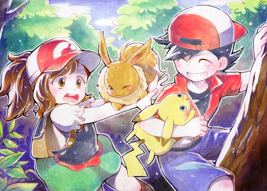 pikachu, eevee, elaine, and chase (pokemon and 1 more) drawn by kipam