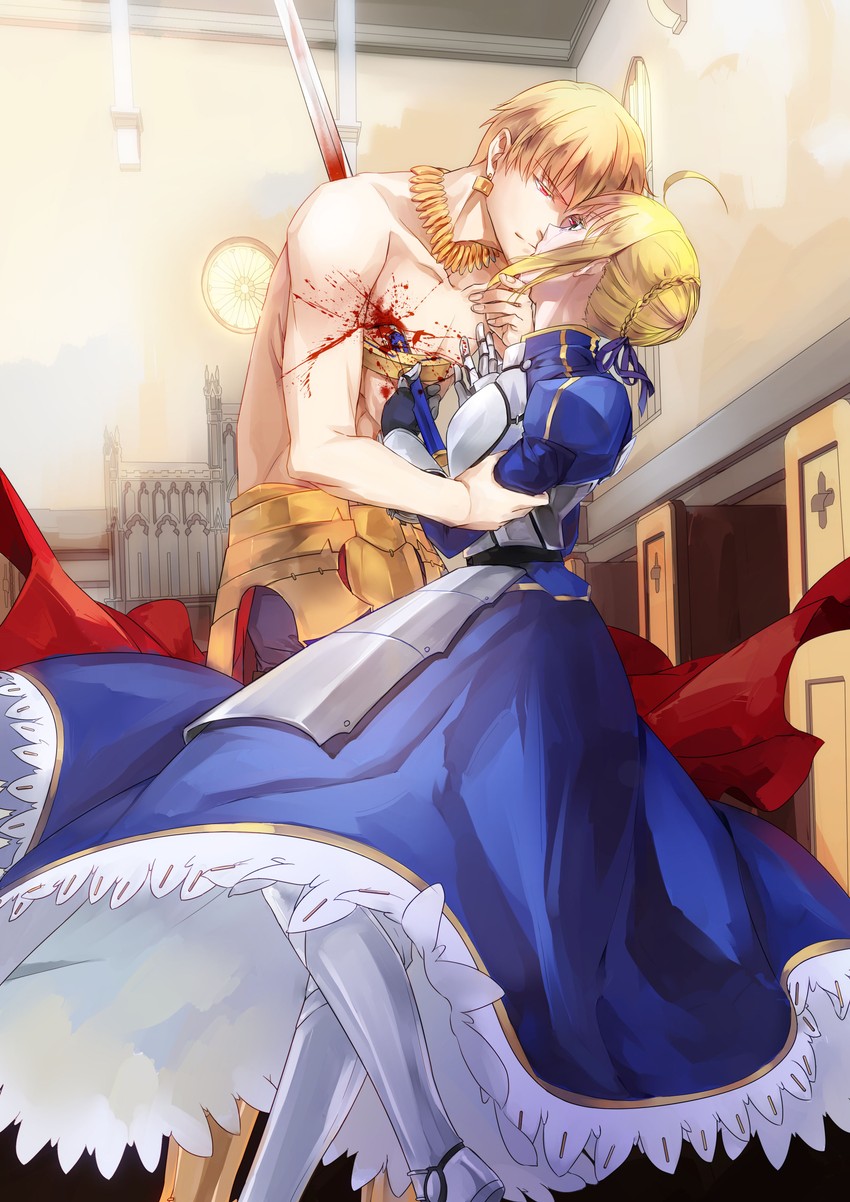 artoria pendragon, saber, and gilgamesh (fate and 1 more) drawn by gouichi