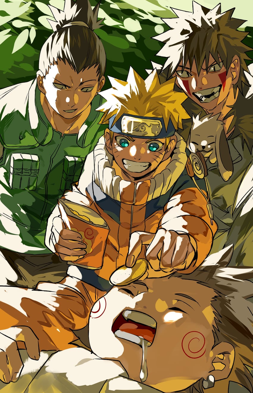 uzumaki naruto, nara shikamaru, inuzuka kiba, and akimichi chouji (naruto) drawn by xi_luo_an_ya