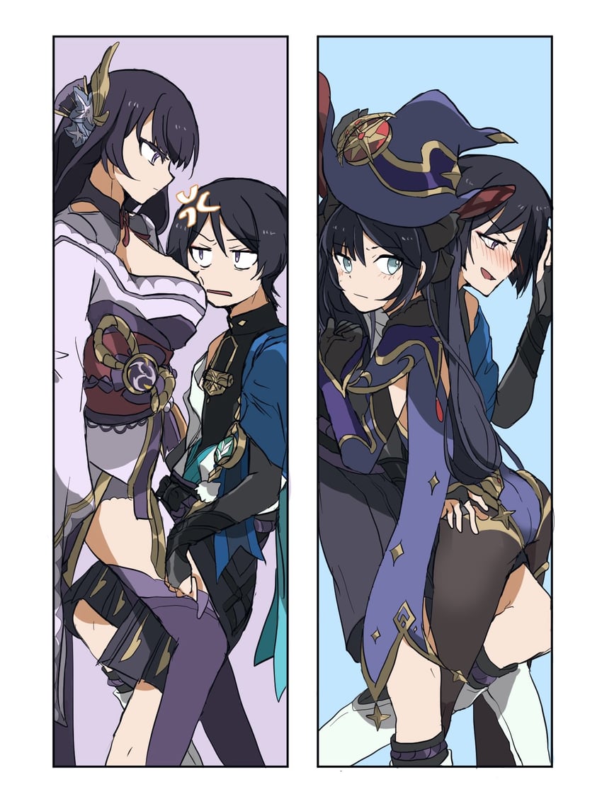 raiden shogun, scaramouche, wanderer, and mona (genshin impact) drawn by iris_hapic