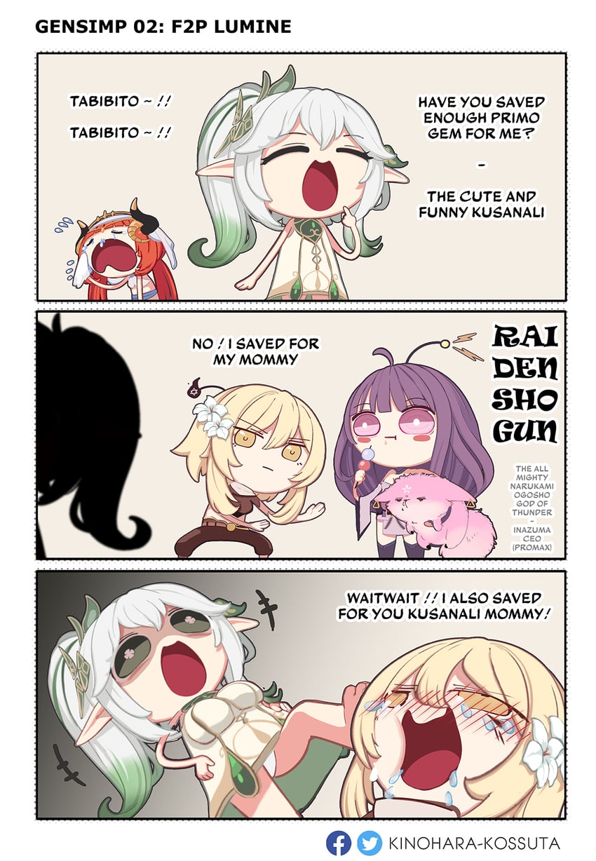 lumine, raiden shogun, aether, yae miko, nahida, and 1 more (genshin impact) drawn by kinohara_kossuta