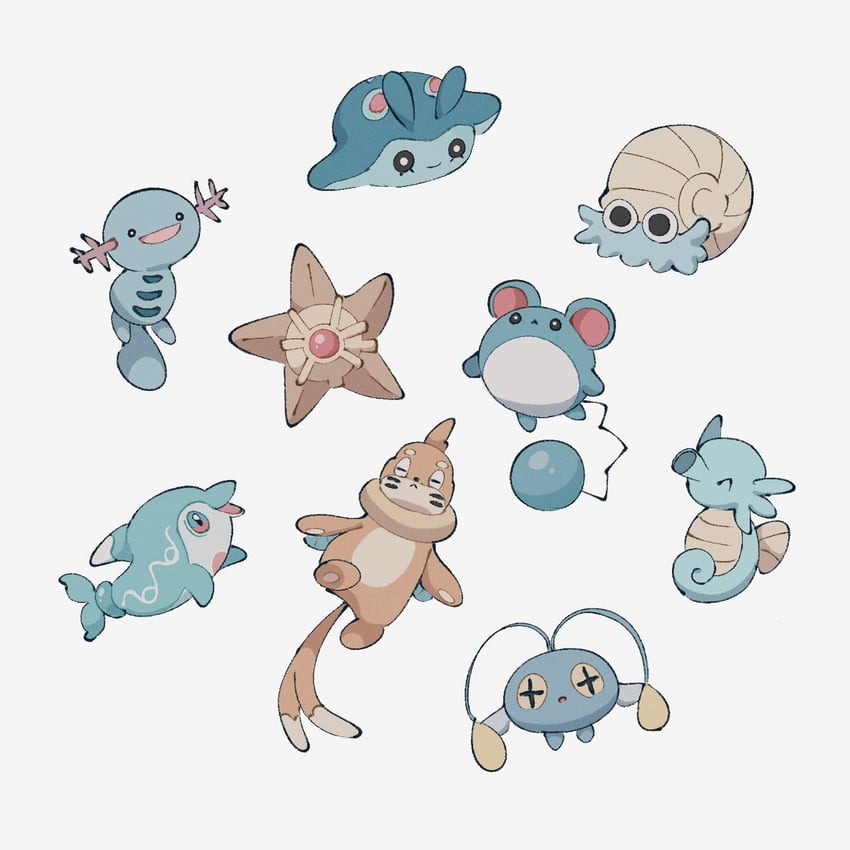 marill, wooper, staryu, chinchou, horsea, and 4 more (pokemon) drawn by sumi_fms