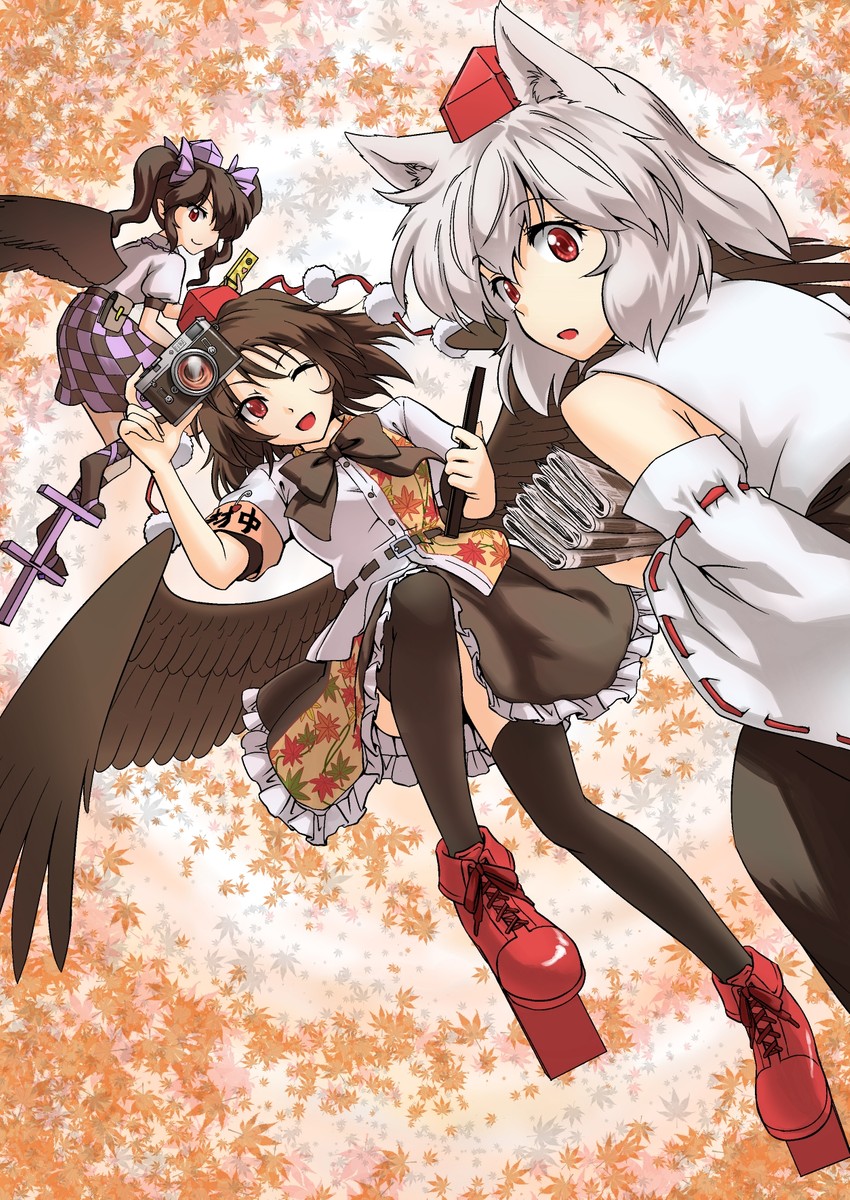 shameimaru aya, inubashiri momiji, and himekaidou hatate (touhou) drawn by abo_(hechouchou)