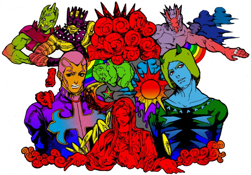 enrico pucci, weather report, whitesnake, c-moon, and green baby (jojo no kimyou na bouken and 1 more) drawn by eat666