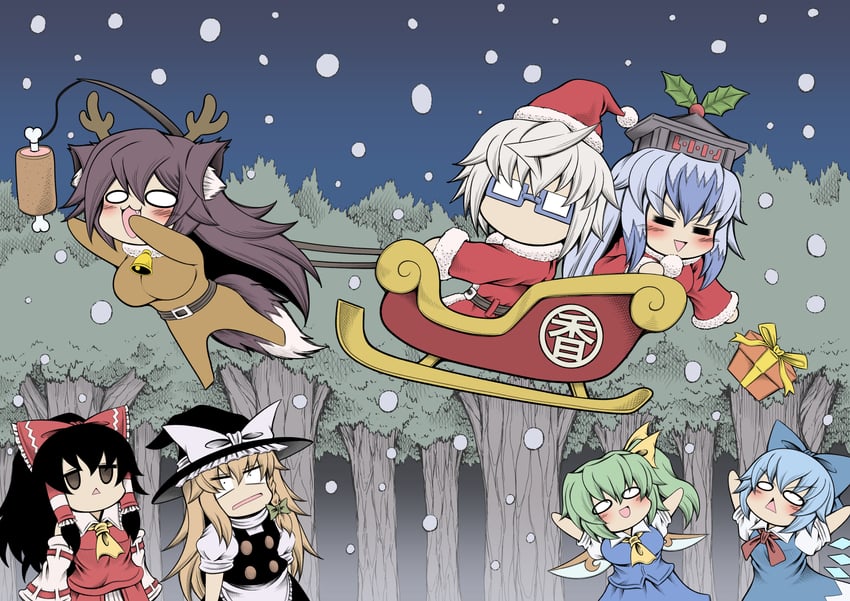 hakurei reimu, kirisame marisa, cirno, kamishirasawa keine, daiyousei, and 2 more (touhou) drawn by hidefu_kitayan