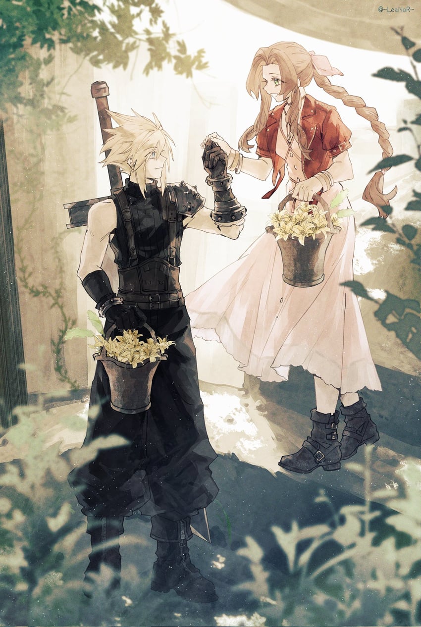 cloud strife and aerith gainsborough (final fantasy and 3 more) drawn by leanor_ff14