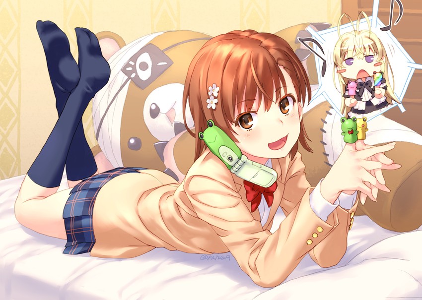 misaka mikoto, gekota, pyonko, febrie, and kill bear (toaru majutsu no index and 2 more) drawn by raika9