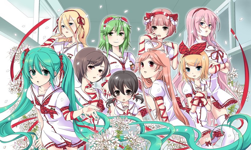 hatsune miku, kagamine rin, megurine luka, meiko, gumi, and 4 more (vocaloid and 1 more) drawn by hiiro_(kikokico)