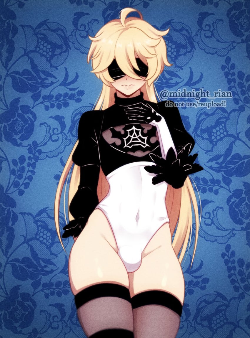 aether and 2b (genshin impact and 2 more) drawn by midnight_rian