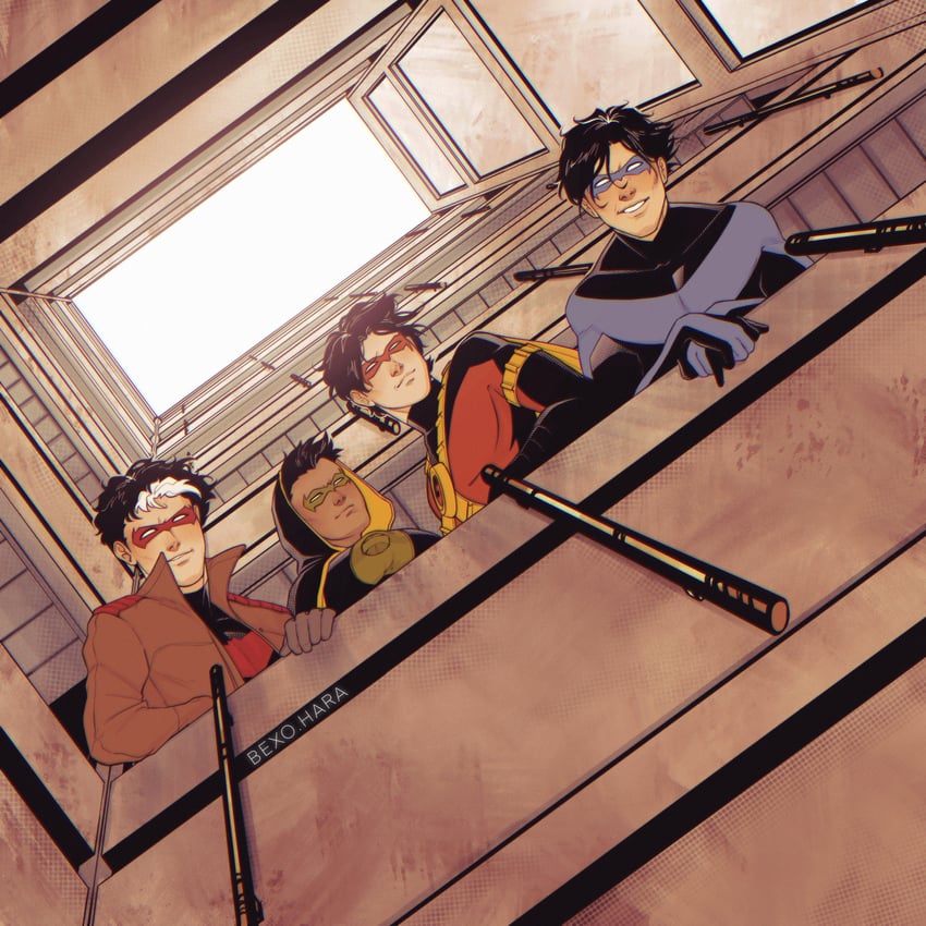 robin, dick grayson, jason todd, nightwing, red hood, and 3 more (dc comics and 3 more) drawn by inverted-typo