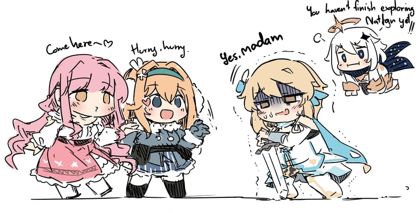 lumine, paimon, nikki, suomi, and perfect start (genshin impact and 4 more) drawn by sesield