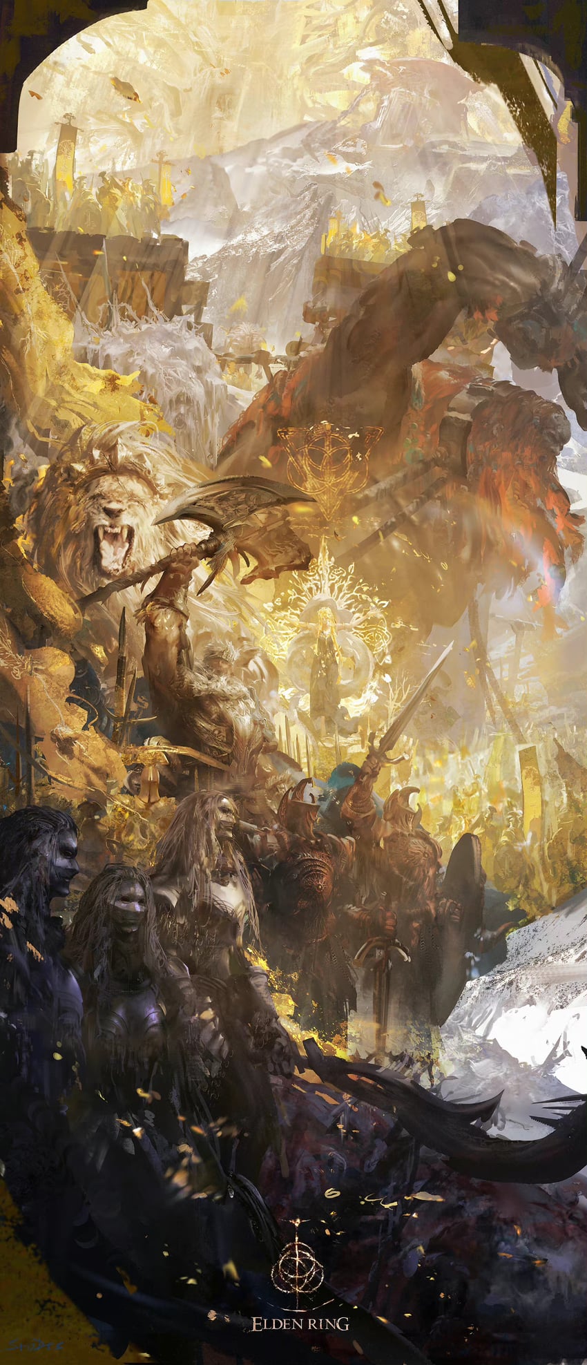 queen marika the eternal, godfrey first elden lord, crucible knight, serosh, and fire giant (elden ring) drawn by stu_dts