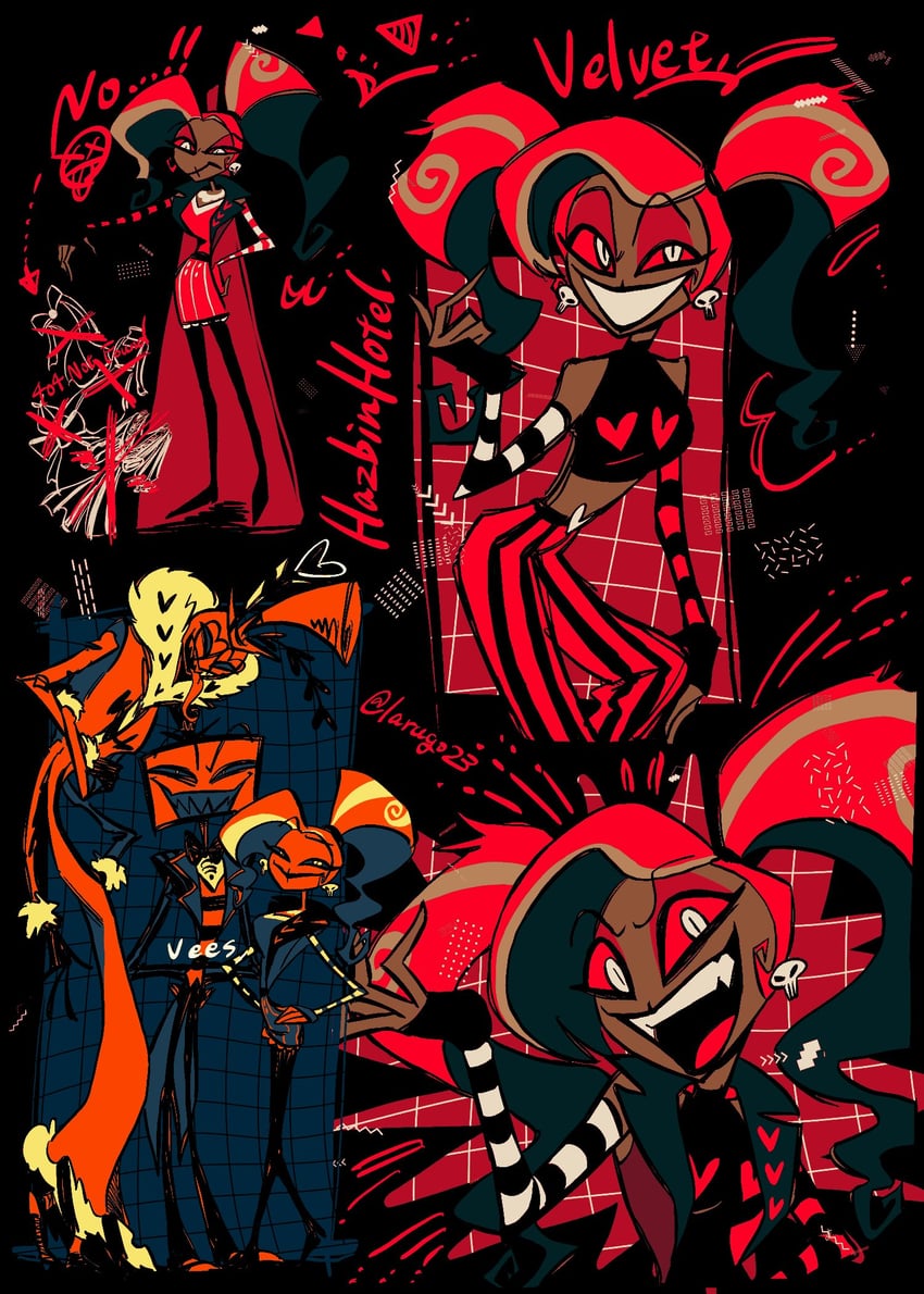 valentino, vox, and velvette (hazbin hotel) drawn by ama0805 and larugo0513