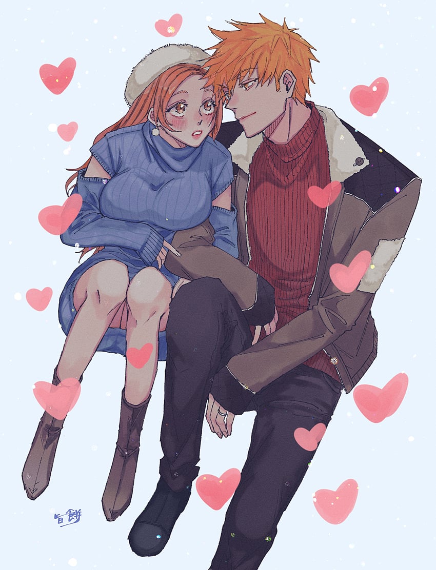 inoue orihime and kurosaki ichigo (bleach) drawn by moccimoccio