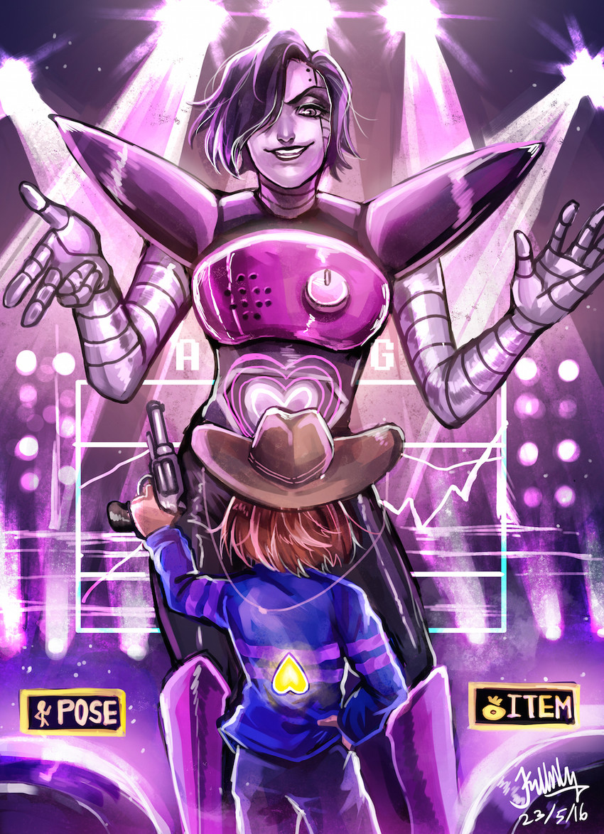 frisk, mettaton, and mettaton ex (undertale) drawn by k_ptn