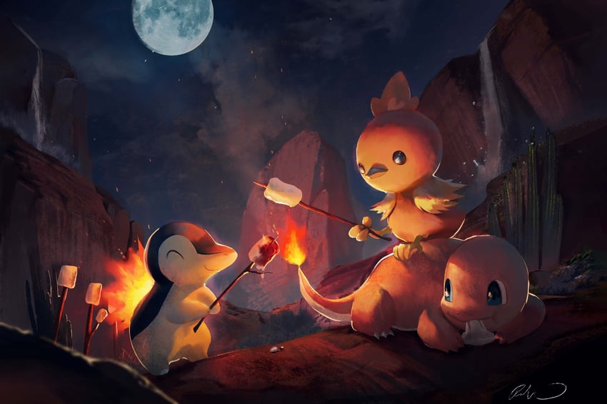 cyndaquil, charmander, and torchic (pokemon) drawn by rat_chuuu