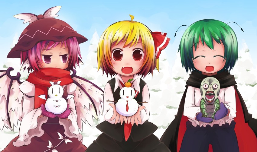 rumia, mystia lorelei, wriggle nightbug, and pandemonium (touhou and 1 more) drawn by jagabutter