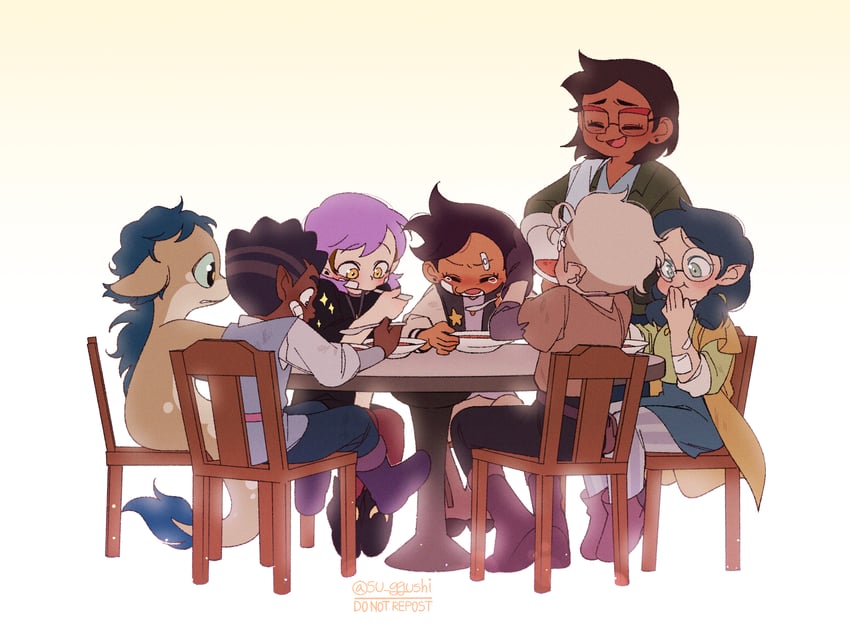 luz noceda, amity blight, hunter, willow park, gus porter, and 2 more (the owl house) drawn by su_ggushi