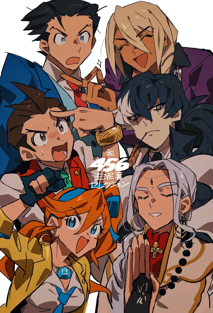 phoenix wright, apollo justice, athena cykes, klavier gavin, simon blackquill, and 1 more (ace attorney and 3 more) drawn by grgrton