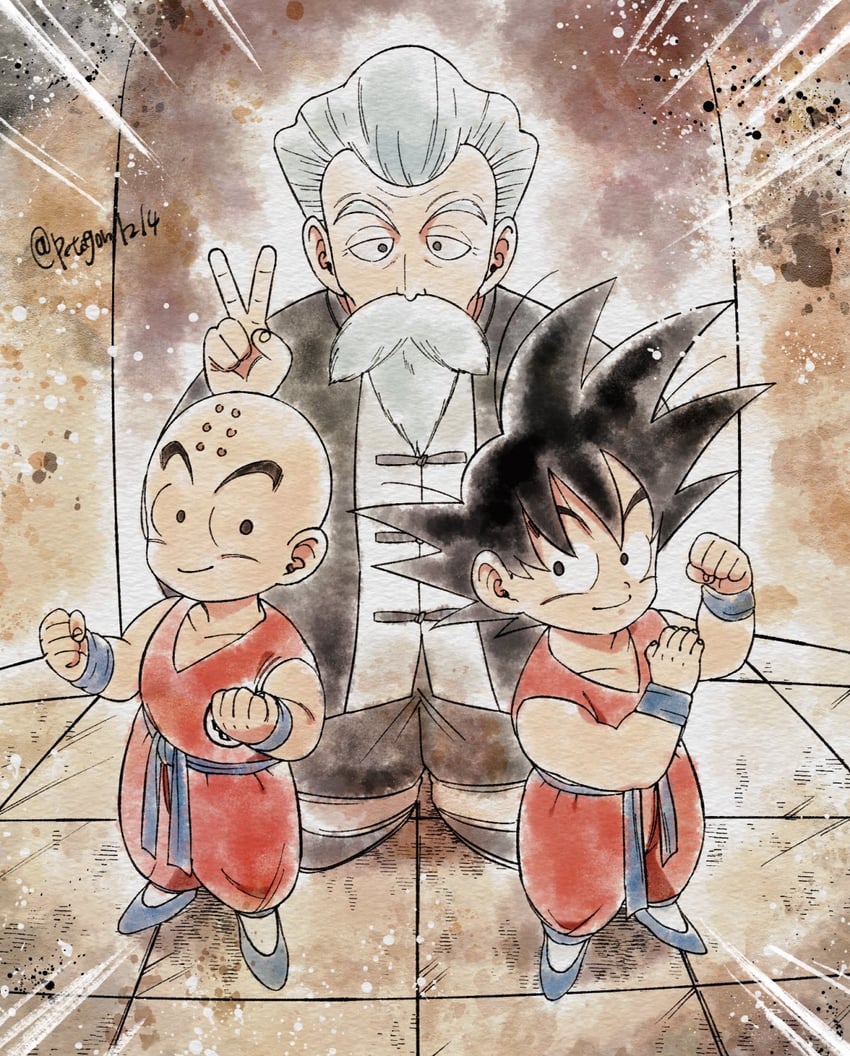 son goku, kuririn, muten roushi, and jackie chun (dragon ball) drawn by petagon