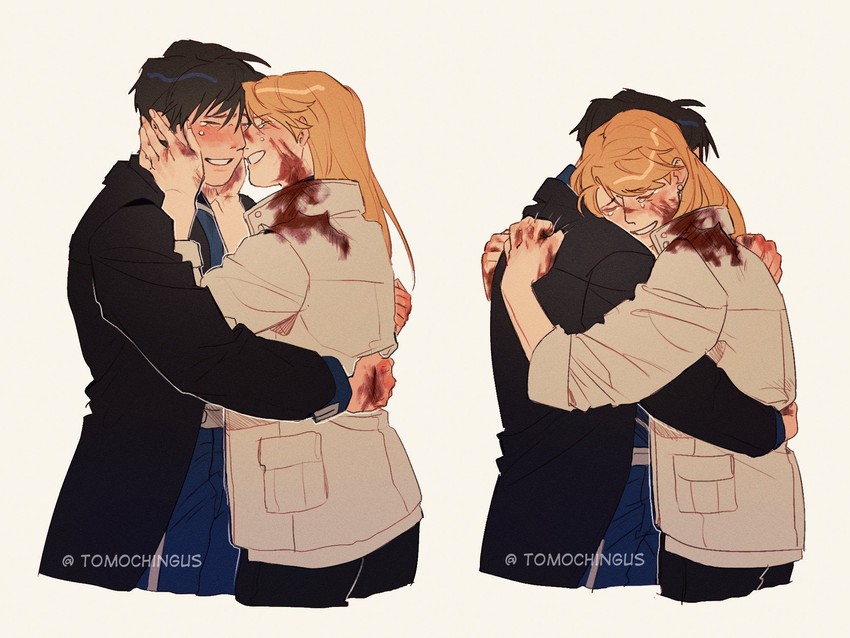 riza hawkeye and roy mustang (fullmetal alchemist) drawn by theo_(tomochingus)