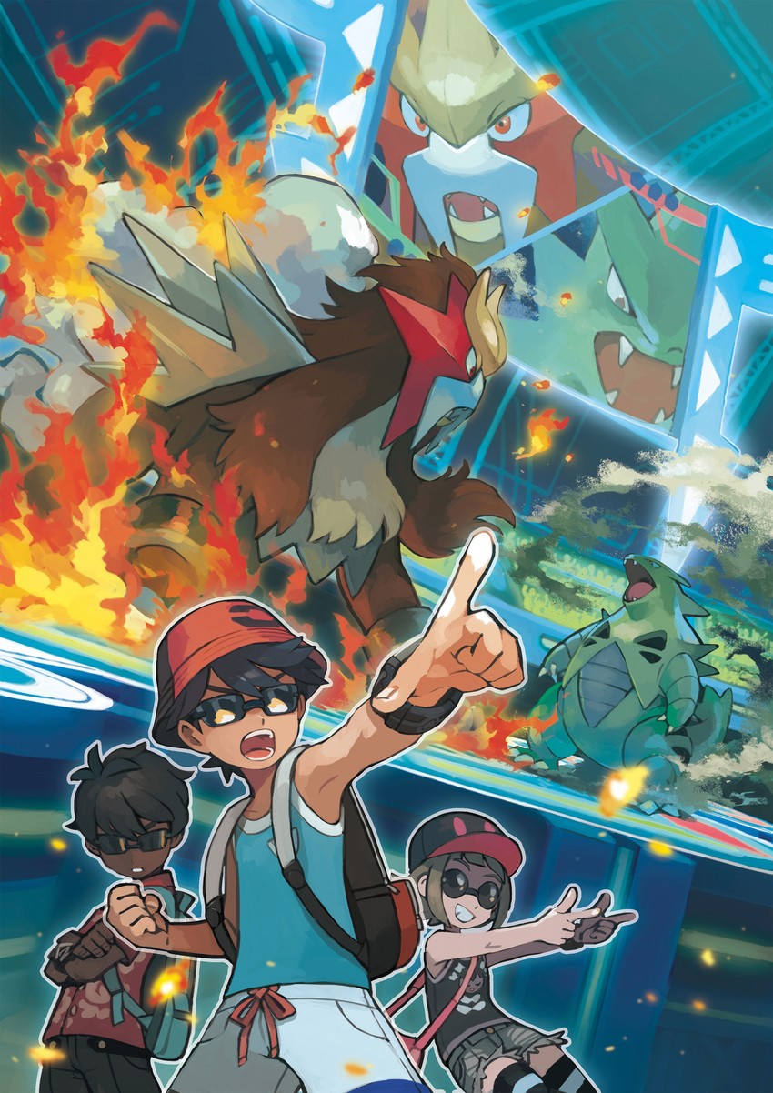 selene, elio, tyranitar, entei, and gothorita (pokemon and 1 more) drawn by sugimori_ken