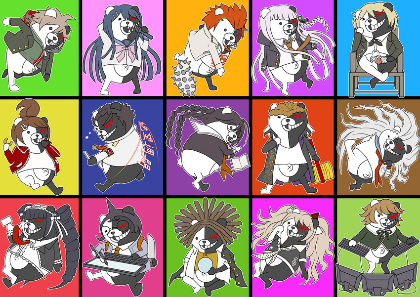 kirigiri kyoko, enoshima junko, monokuma, naegi makoto, celestia ludenberg, and 11 more (danganronpa and 1 more) drawn by honey_wolf