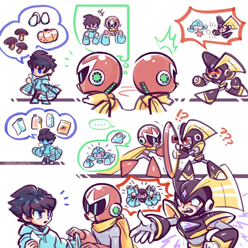 mega man, proto man, and bass (mega man) drawn by laser-lance
