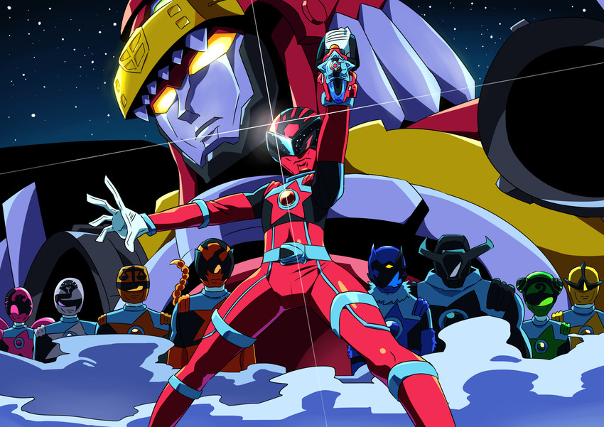chameleon green, washi pink, shishi red, ookami blue, oushi black, and 4 more (super sentai and 1 more) drawn by otokamu
