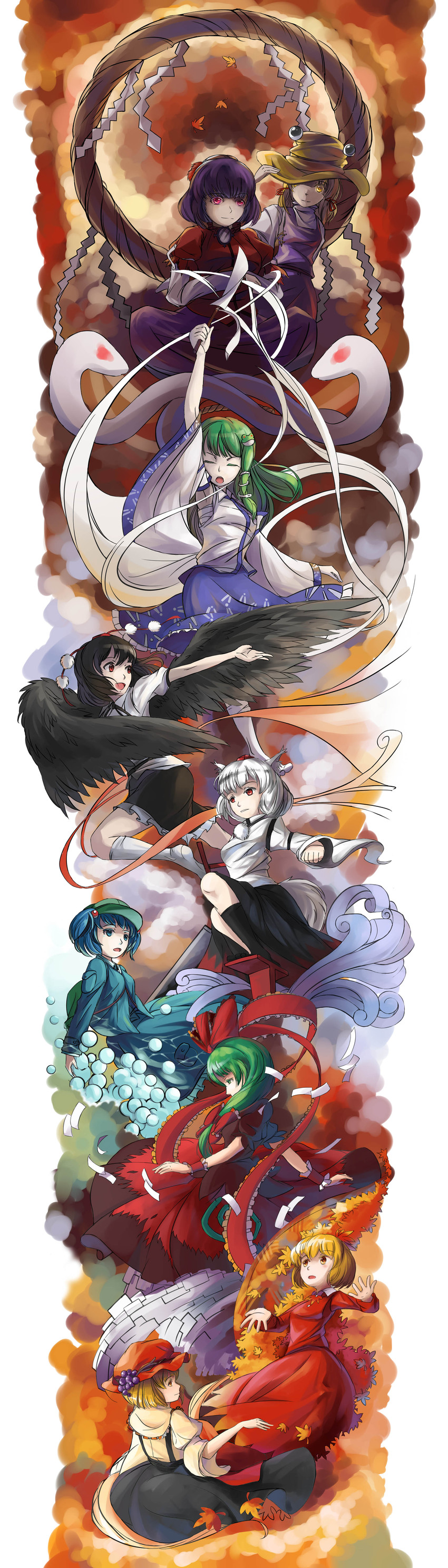 kochiya sanae, shameimaru aya, inubashiri momiji, moriya suwako, kawashiro nitori, and 4 more (touhou and 1 more) drawn by maz_(fanxuying)