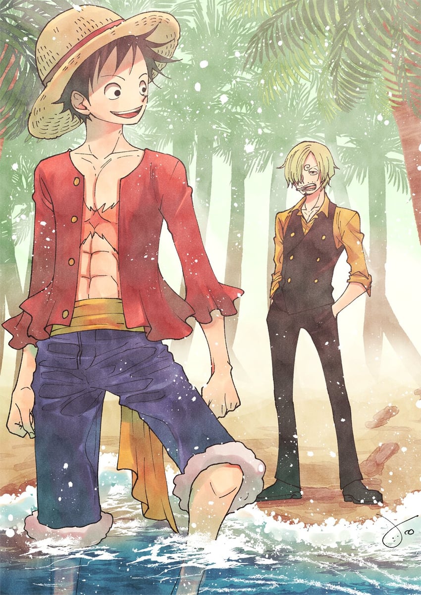 monkey d. luffy and sanji (one piece) drawn by aco_peda