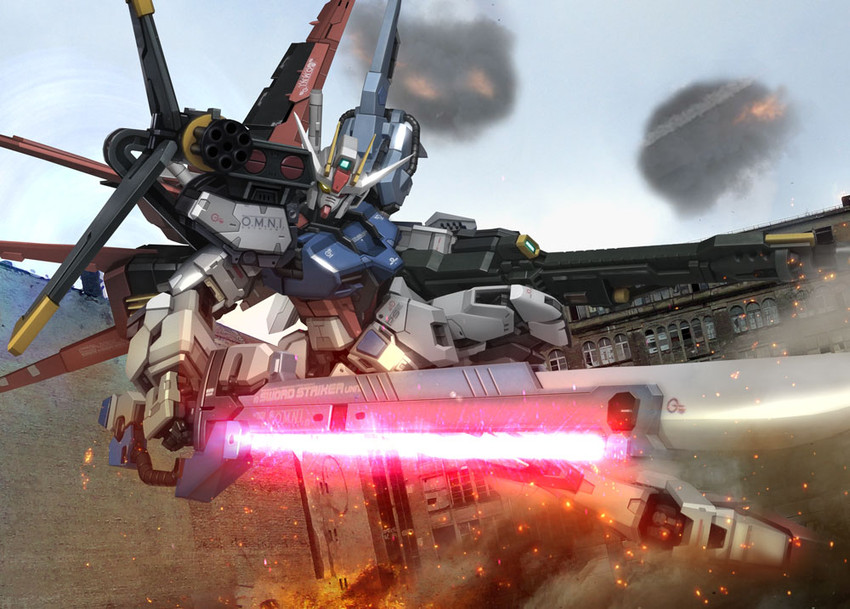 strike gundam and perfect strike gundam (gundam and 1 more) drawn by hiropon_(tasogare_no_puu)