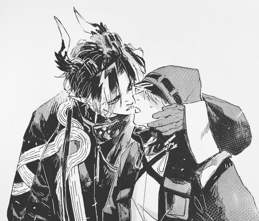 doctor, chongyue, and male doctor (arknights) drawn by rivershirt