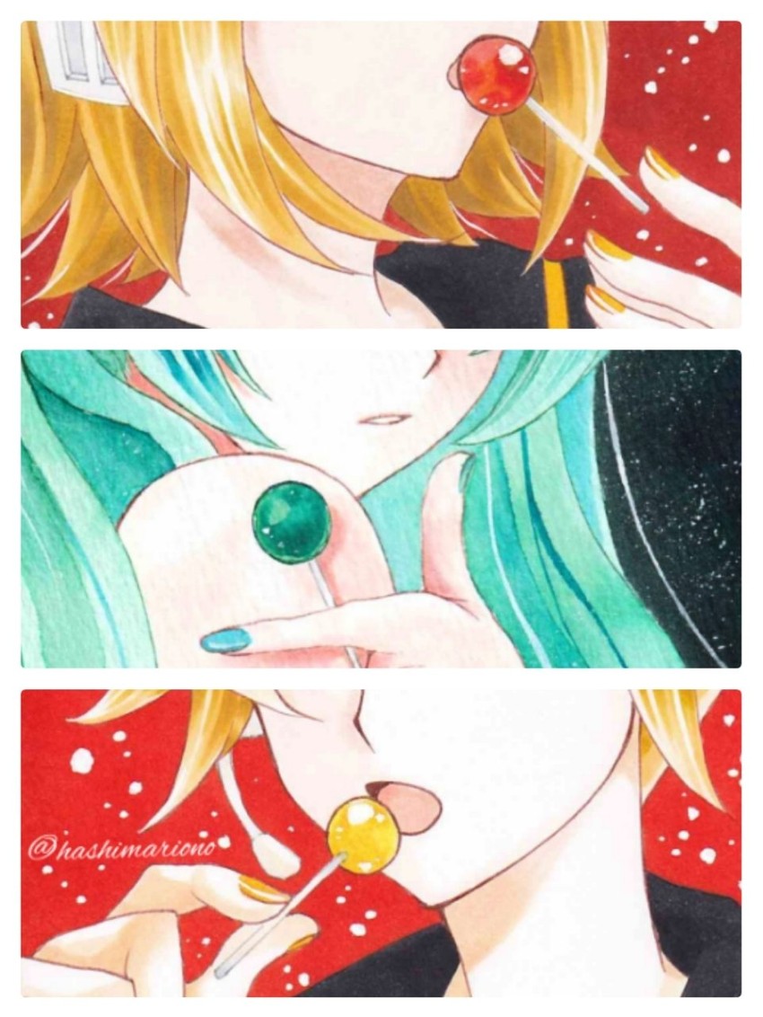 hatsune miku, kagamine rin, and kagamine len (vocaloid) drawn by riono