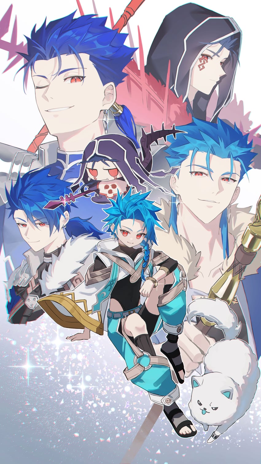 cu chulainn alter, cu chulainn, setanta, and mini cu-chan (fate and 1 more) drawn by muling_0v0