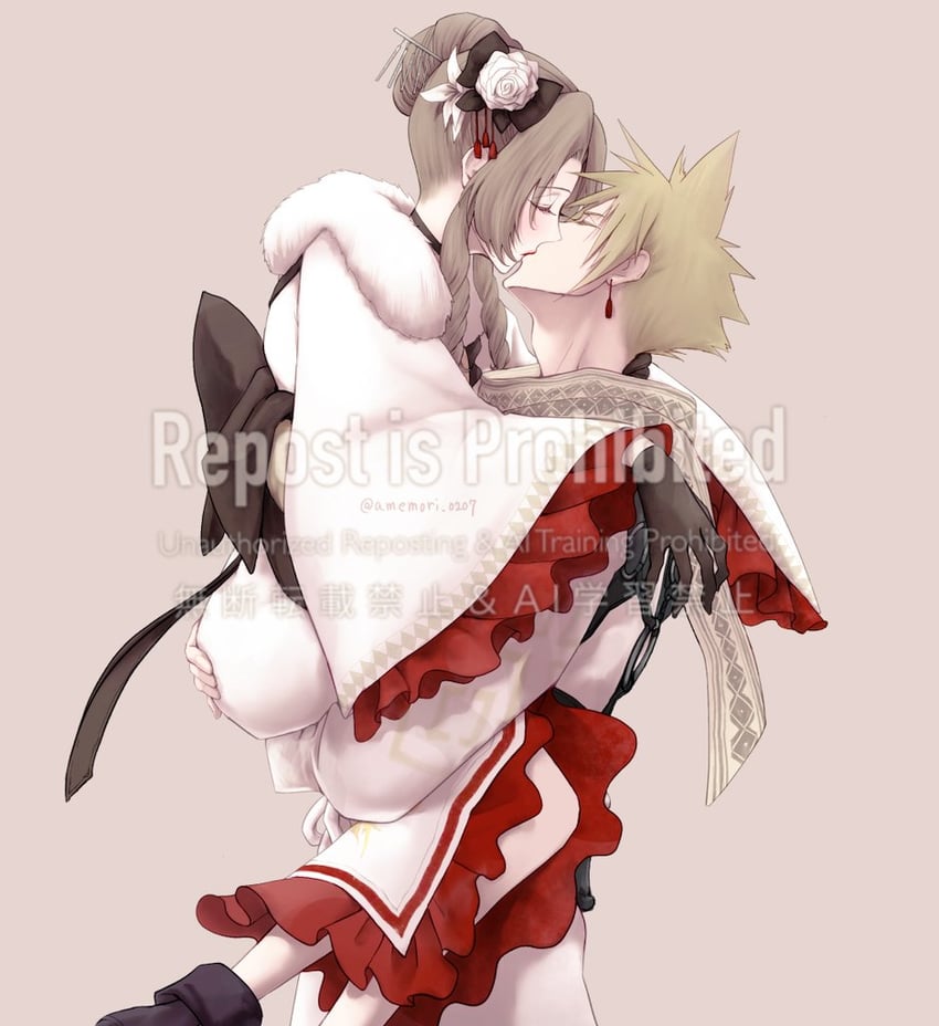 cloud strife and aerith gainsborough (final fantasy and 2 more) drawn by amemori_0207
