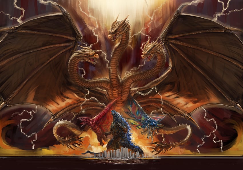 godzilla, king ghidorah, mothra, and rodan (godzilla and 2 more) drawn by megame_(okbnkn)
