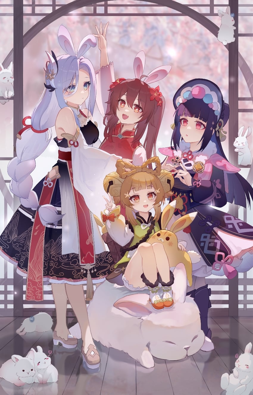 hu tao, shenhe, yun jin, yaoyao, and yuegui (genshin impact) drawn by samele_otaku
