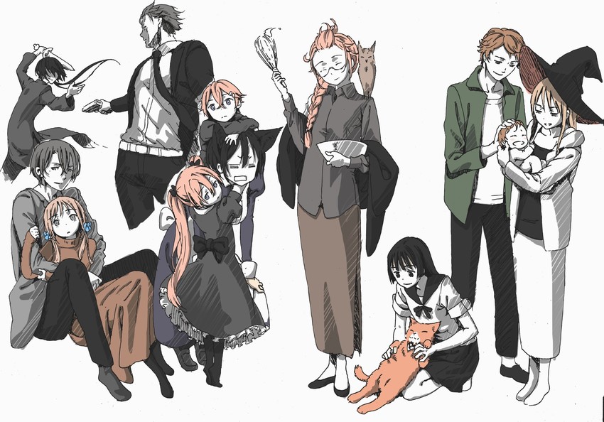 kaname, tomo, van, anna, ryouko, and 6 more (gendai majo zukan) drawn by tsukinowa_kousuke