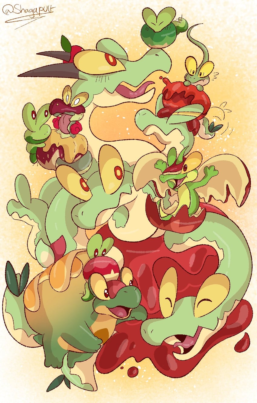 applin, hydrapple, dipplin, appletun, and flapple (pokemon) drawn by shagapult