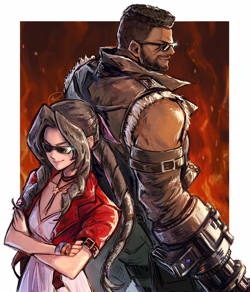 aerith gainsborough and barret wallace (final fantasy and 3 more) drawn by kuroiitulip
