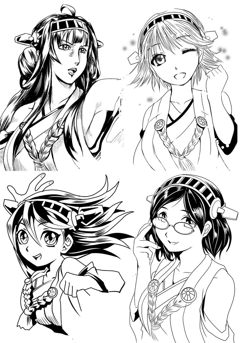 kongou, haruna, hiei, and kirishima (kantai collection) drawn by kamizono_(spookyhouse)