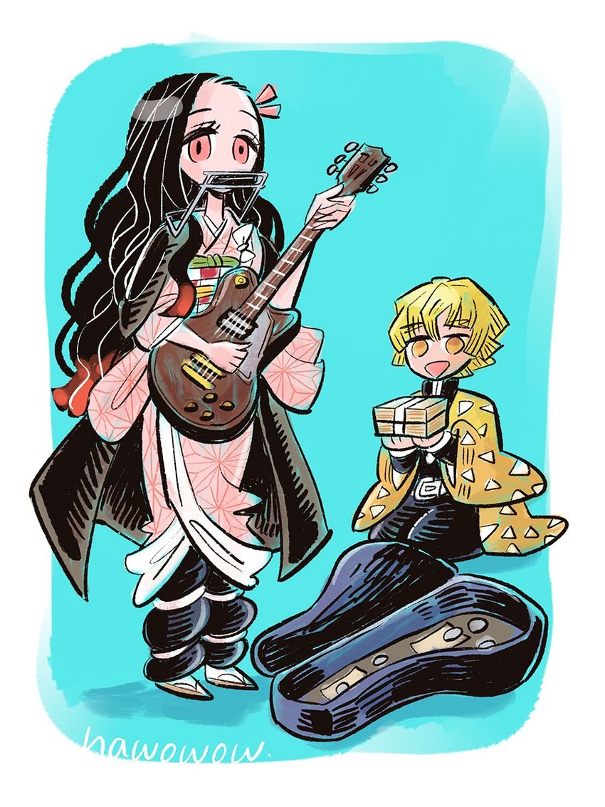 kamado nezuko and agatsuma zenitsu (kimetsu no yaiba) drawn by kawamura_nawoko