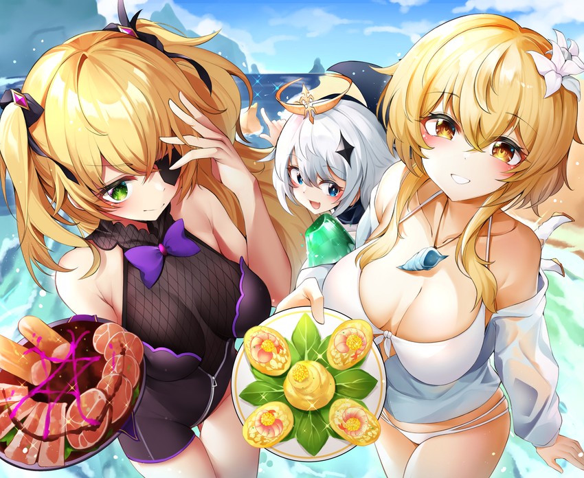 lumine, paimon, and fischl (genshin impact) drawn by gr_greeze